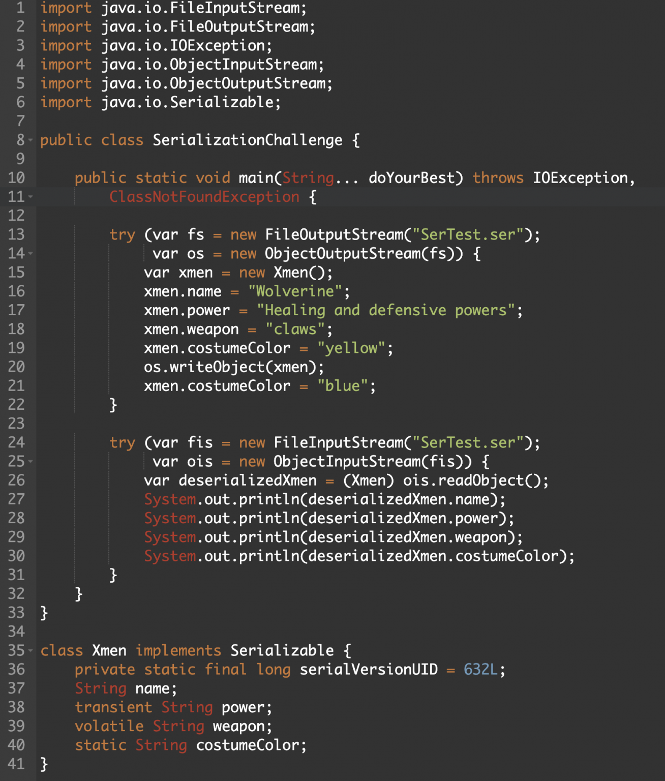 Serializable Object Java Challenge