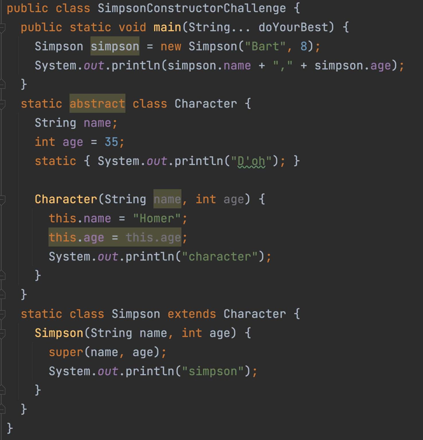 Simpson Inheritance Constructor Java Challenge